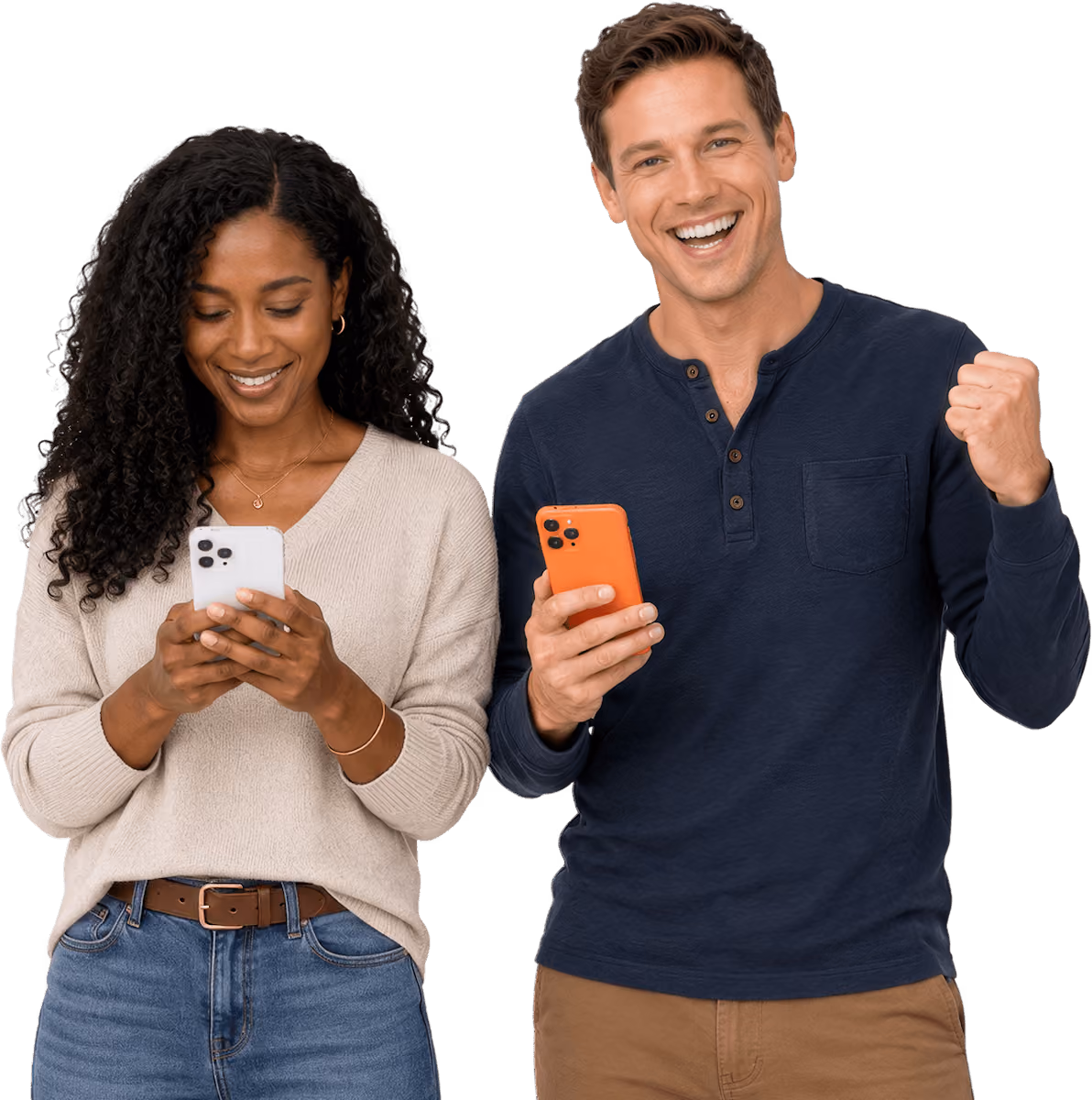 Smiling man and woman holding smartphones; man shows a fist pump of excitement.