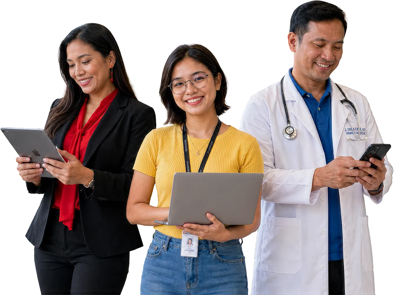 Smiling man and woman holding smartphones; man shows a fist pump of excitement.