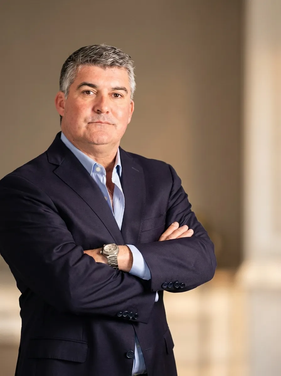 Middle-aged man with grey hair in navy blazer and light blue shirt, standing with arms crossed.