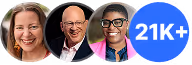 Headshots of three smiling people and a blue circle displaying '21K+' followers.