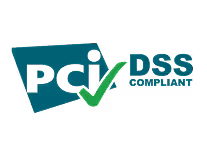 PCI DSS Compliant text with a checkmark symbol indicating security compliance.