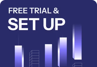 Text reading Free Trial & Set Up above elevated bar chart on dark blue background.