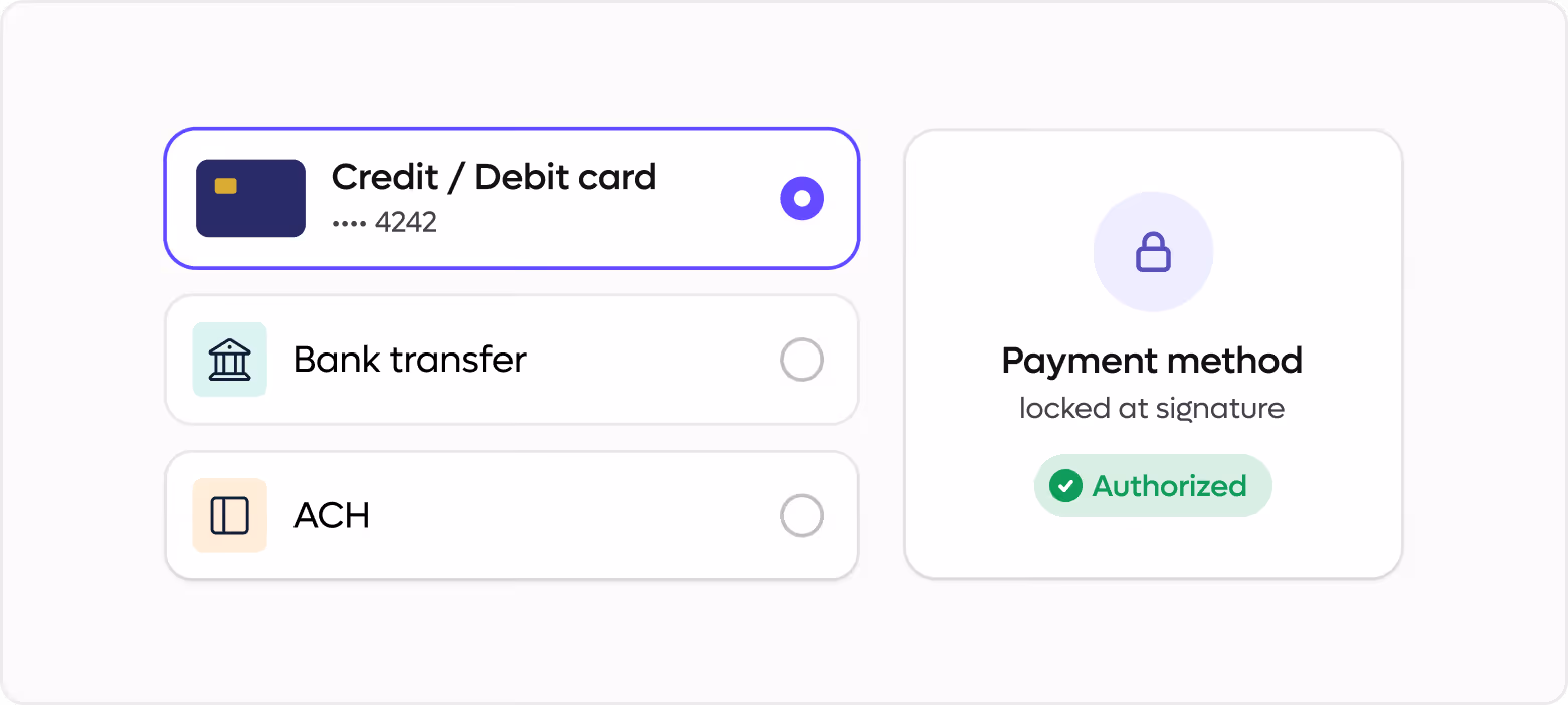 Payment options with selected credit card ending in 4242 and authorized payment method locked at signature.