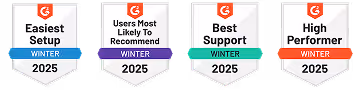 Four award badges titled Easiest Setup, Users Most Likely to Recommend, Best Support, and High Performer for 2025.
