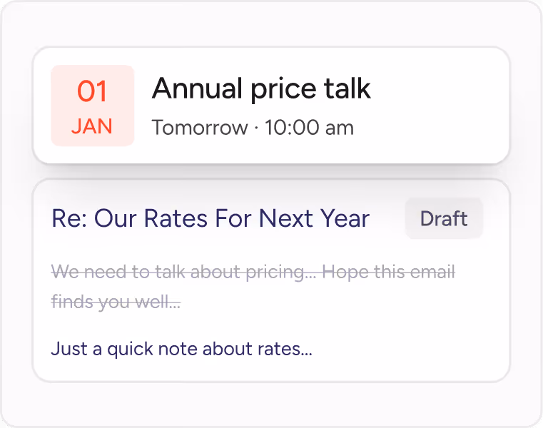 Calendar event for Annual price talk on January 1 at 10:00 am with a draft email titled 'Our Rates For Next Year'.