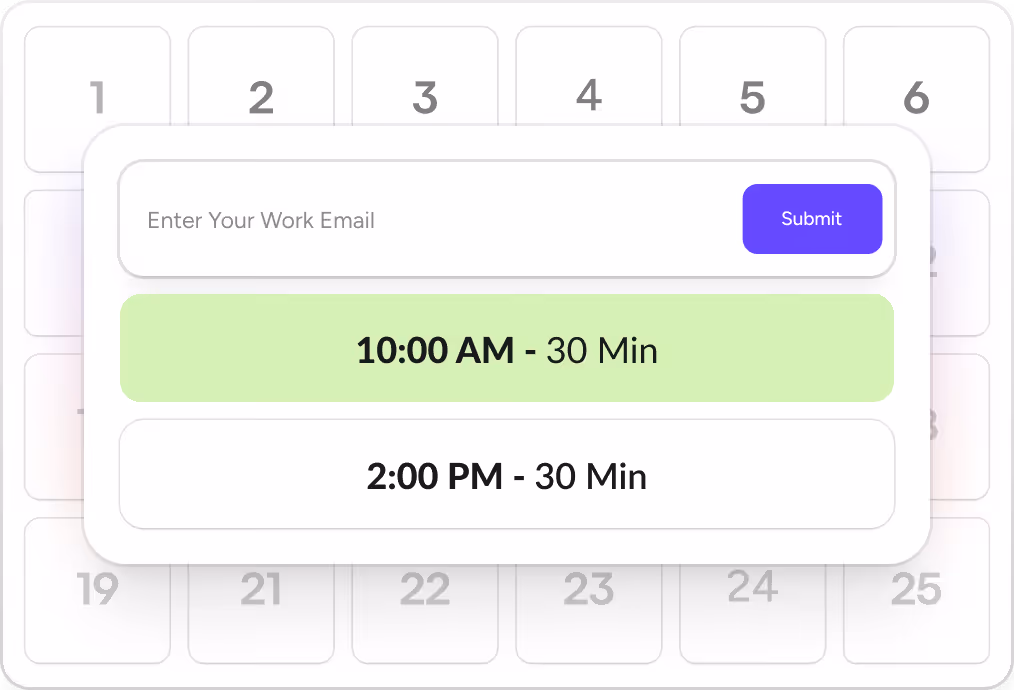 Calendar popup with email entry and options to book 10:00 AM or 2:00 PM for 30 minutes.