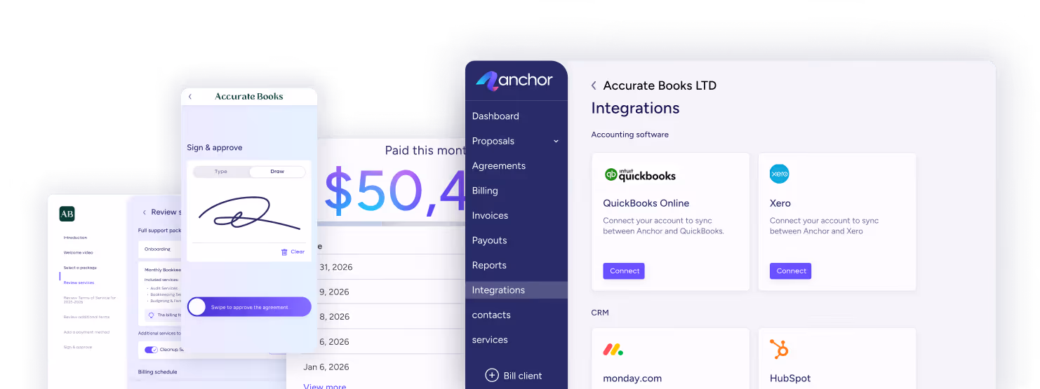 Screens of Accurate Books app showing menu, signature approval, payment amount, and software integrations.