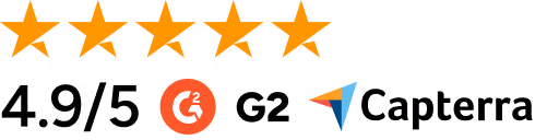 Five orange stars with G2 and another review platform logos below them.