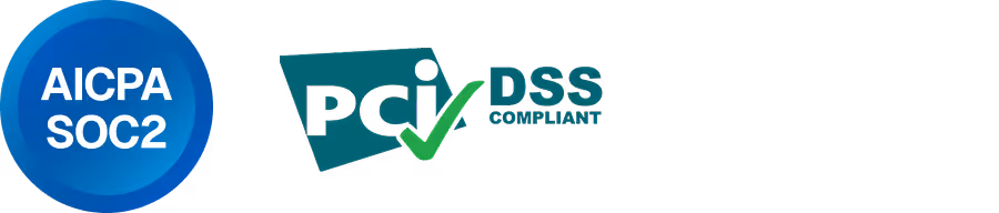 AICPA SOC2 and PCI DSS compliant certification logos in blue and teal colors.