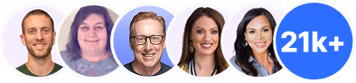 Five circular portraits of smiling people followed by a blue circle with white text '21k+'.