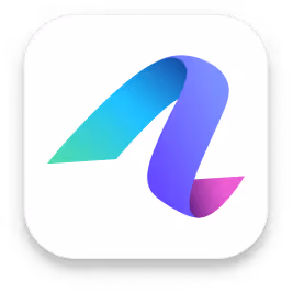 Gradient ribbon logo in blue, purple, and pink forming a stylized letter A on a white background.