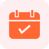 Red calendar icon with a white checkmark in the center on a light pink rounded background.