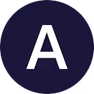 White letter A centered in a dark blue circular background.