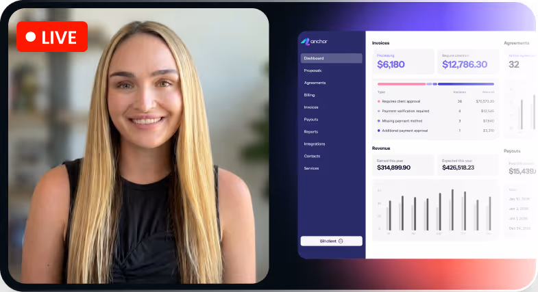 Live video call with smiling blonde woman and dashboard showing invoices, revenue, and payouts data.