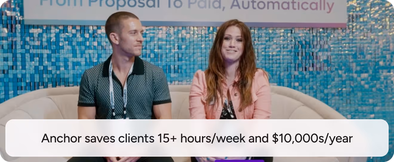 Man and woman sitting on a couch in front of a blue mosaic wall with text overlay about saving time and money.