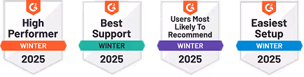 Four badges labeled High Performer, Best Support, Users Most Likely to Recommend, and Easiest Setup for Winter 2025.