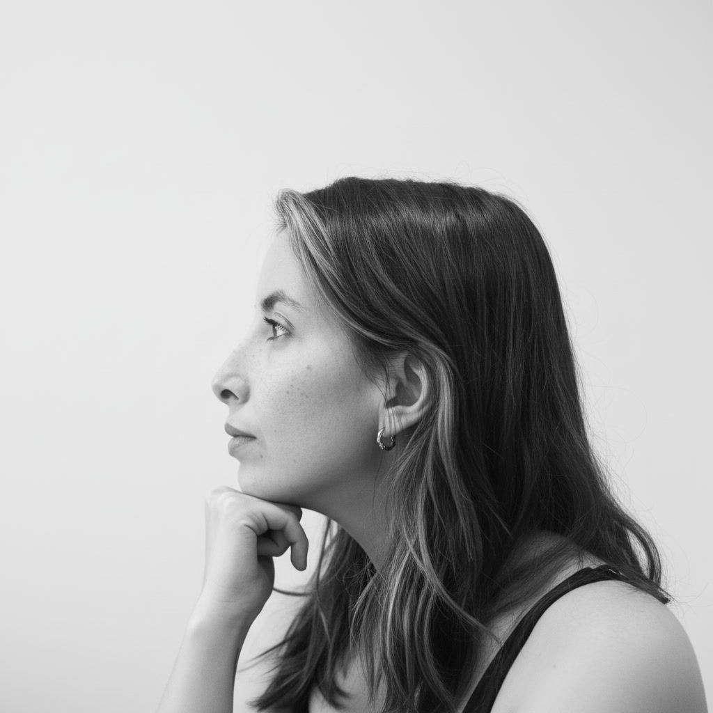 Black and white profile portrait of a thoughtful young woman resting her chin on her hand.