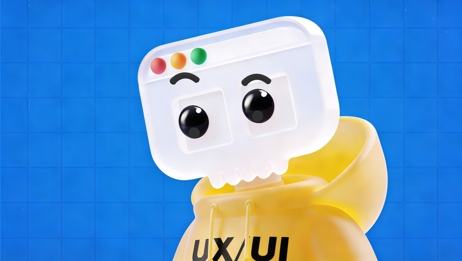 Character with a web browser window head wearing a yellow hoodie labeled UX/UI on a blue grid background.