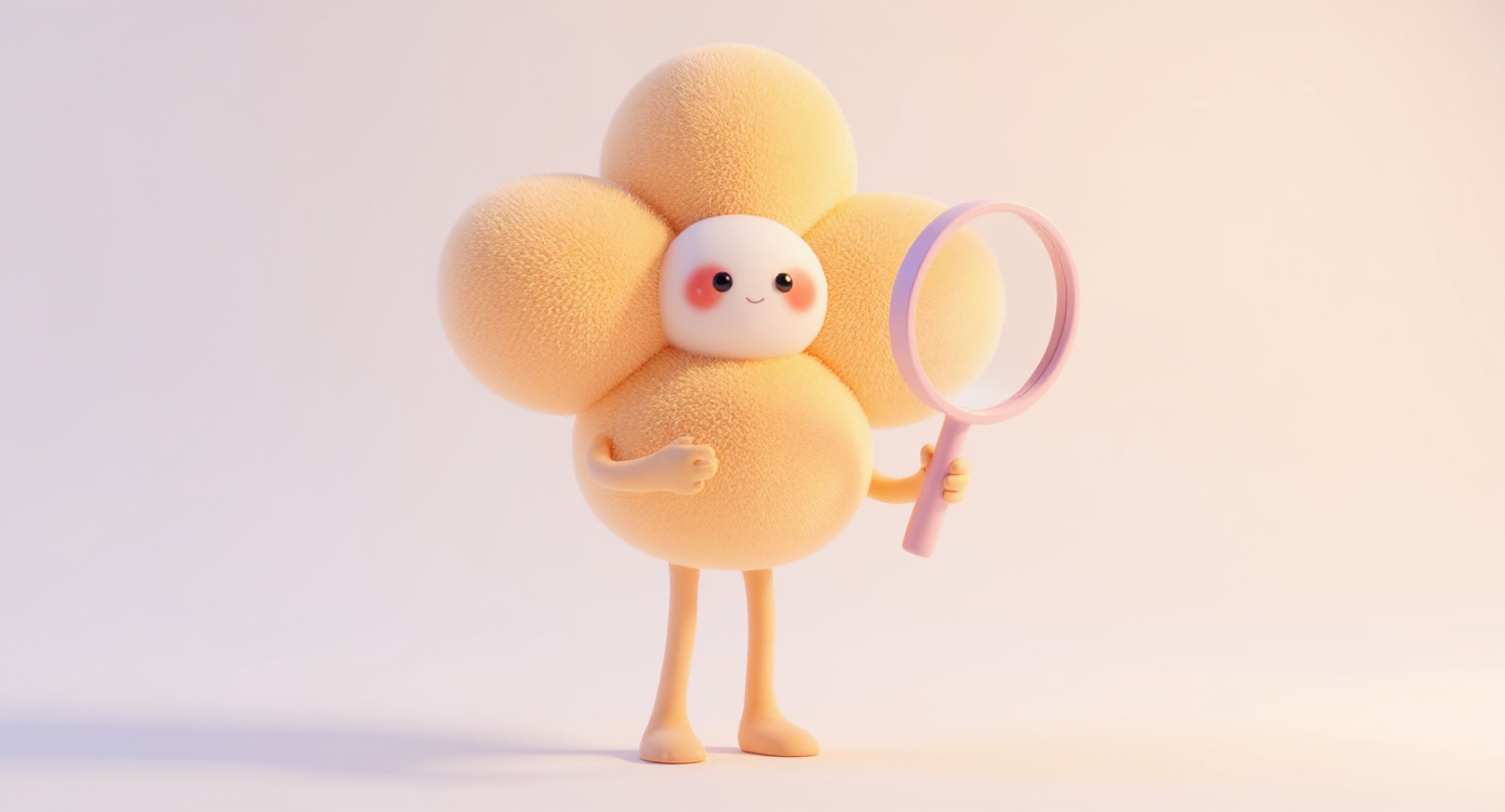 Cute fluffy 3D flower character with a smiling face holding a pink magnifying glass.