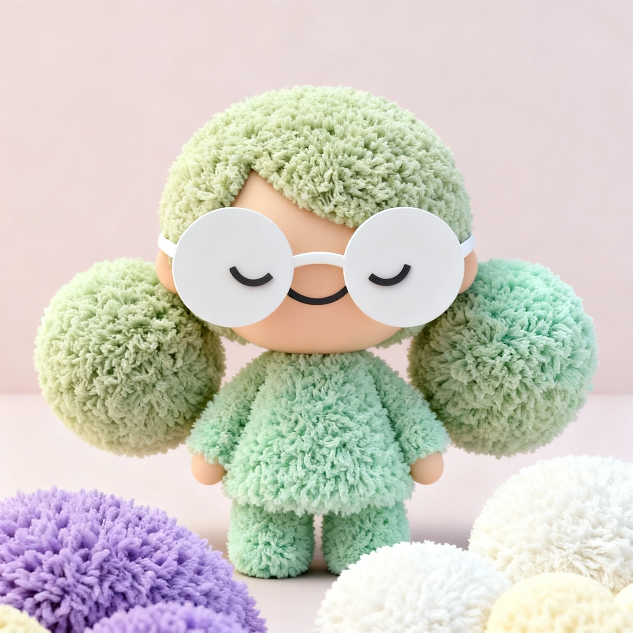 Plush toy figure with mint green fluffy hair and outfit, wearing round white glasses and smiling.