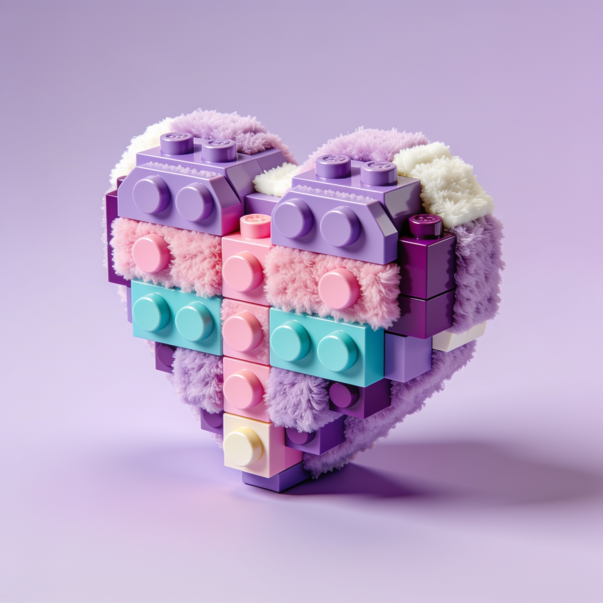 3D heart-shaped sculpture made of colorful Lego blocks and fluffy pastel yarn on purple background.