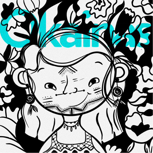 Black and white cartoon girl with earrings and flowers in the background.