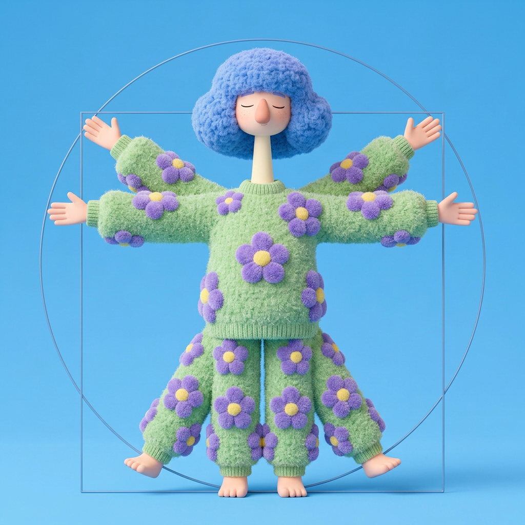 Character with blue curly hair in green fluffy clothes decorated with purple flowers, arms and legs extended symmetrically.
