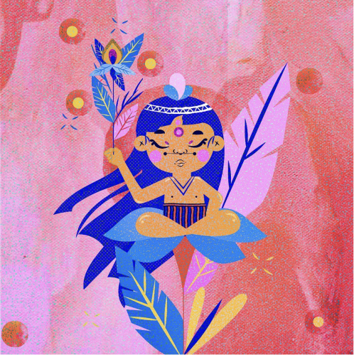 Illustration of a meditating person with long hair seated on a blue flower holding a decorated branch with leaves.