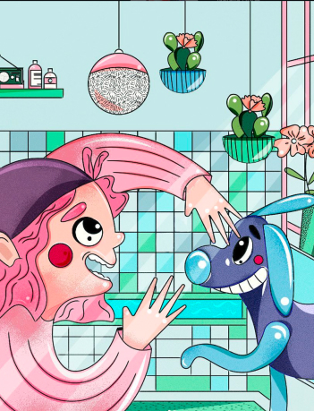 Cartoon girl with pink hair playing happily with a smiling blue dog in a colorful room with plants.