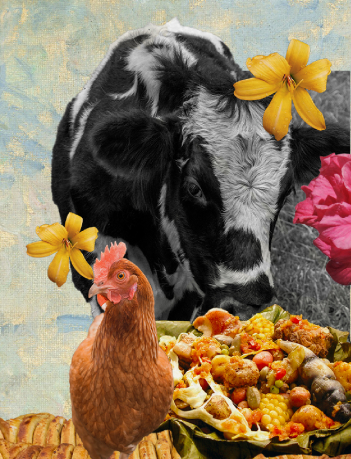 Brown chicken and black-and-white cow behind a colorful dish with corn, vegetables, and flowers.