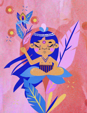 Illustration of a meditating person with blue hair sitting on a blue flower with colorful leaves.
