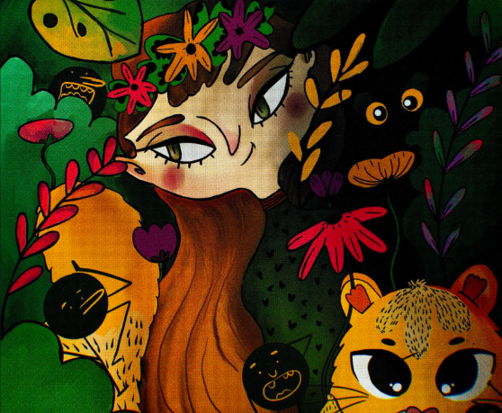 Colorful illustration of a girl with flowers in hair surrounded by plants, cute tiger, and black creatures with eyes.