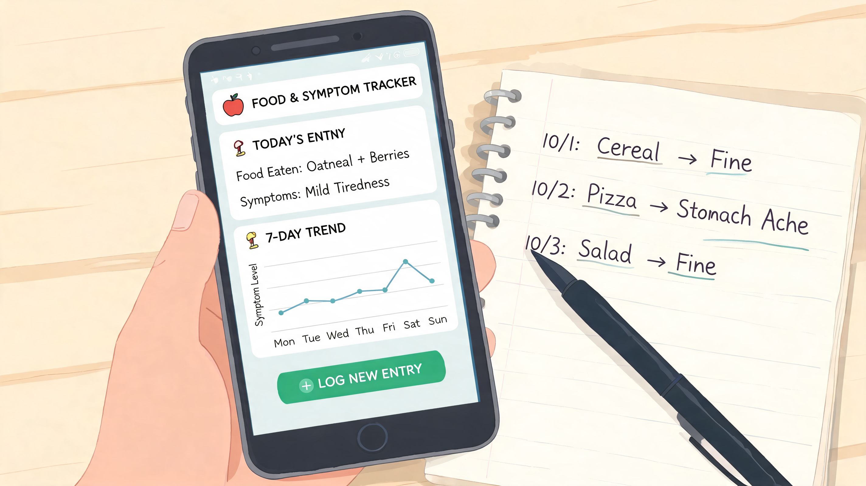 A hand holding a smartphone showing a food and symptom tracker next to a notebook with food logs.