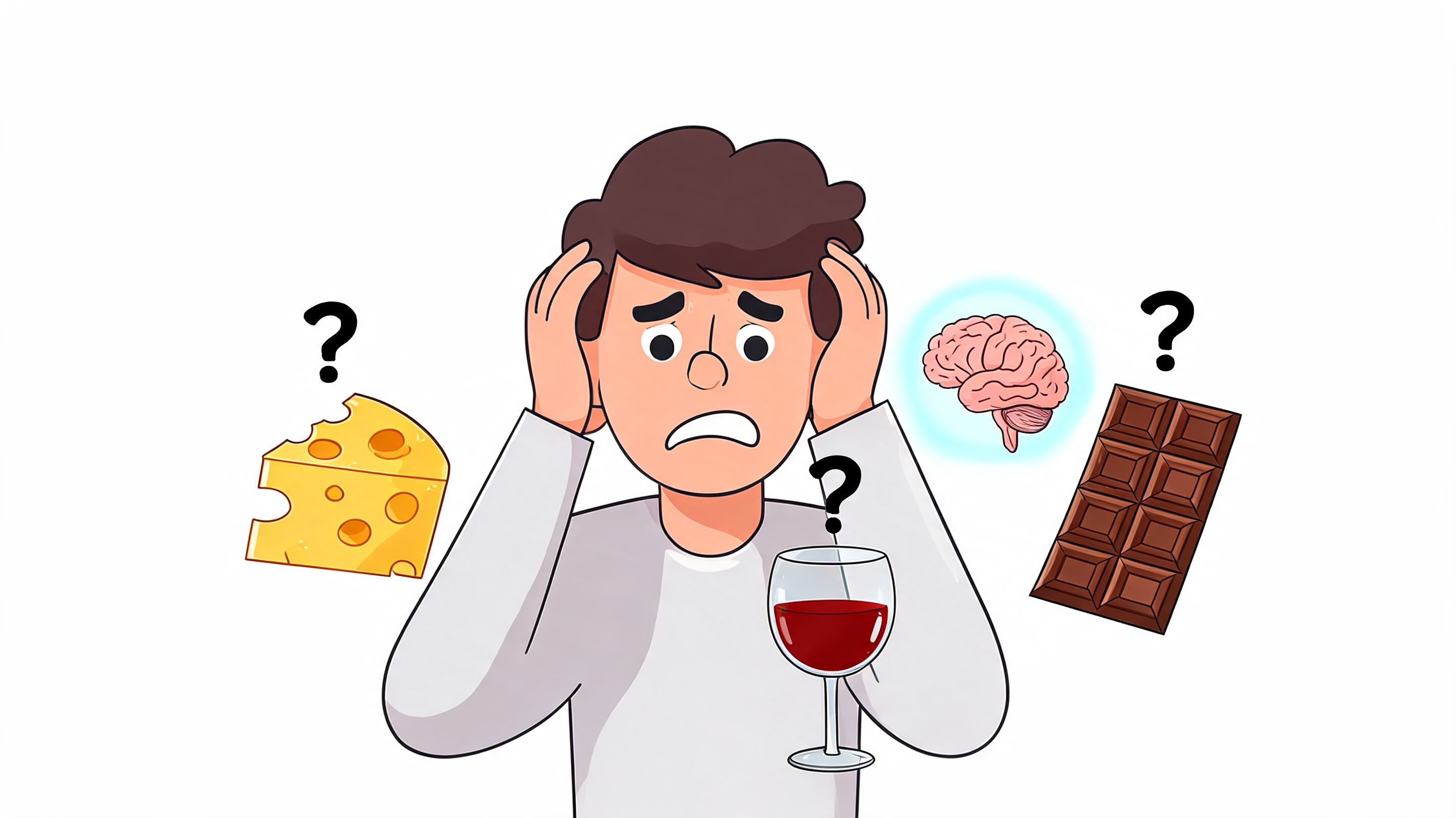 A person looking stressed with potential migraine triggers like cheese, red wine, chocolate, and brain health icons.