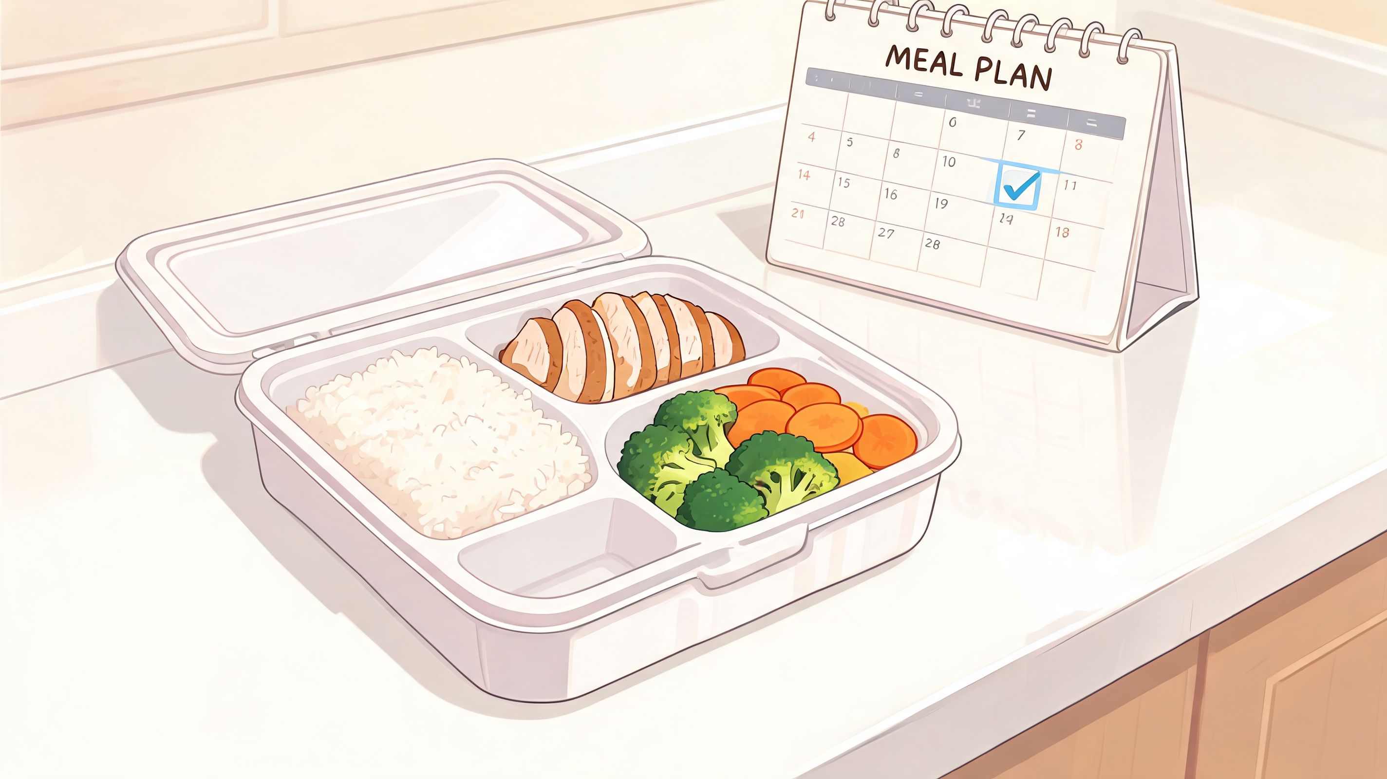 A healthy meal prep container with chicken, rice, and vegetables placed beside a monthly meal plan calendar.