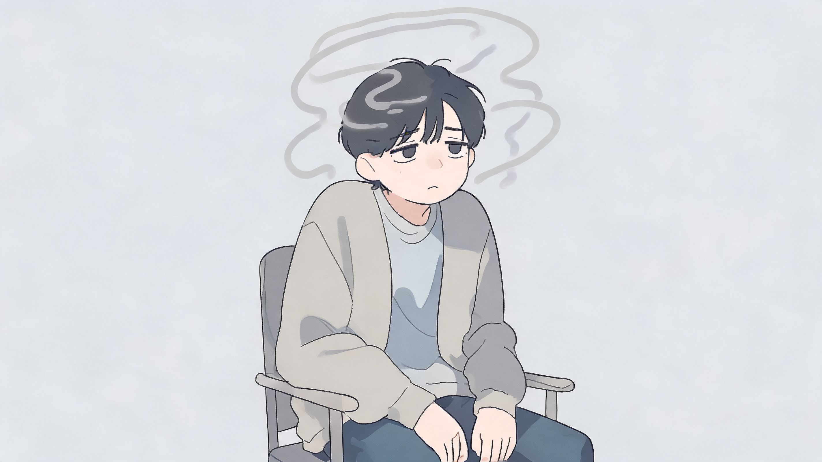 A tired, stressed young man sitting in a chair with visible mental exhaustion and hazy thoughts floating above.
