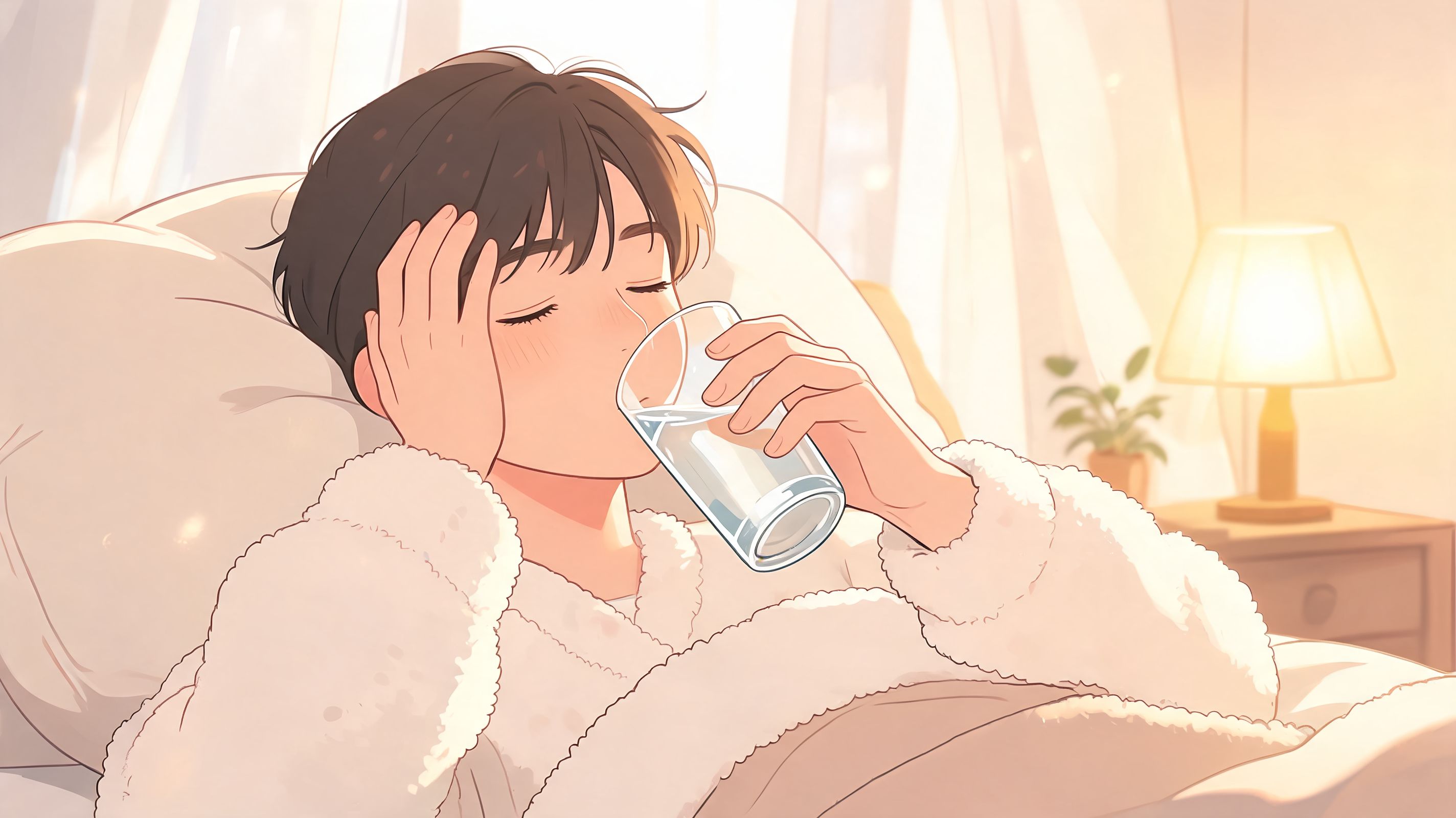 A person lying in bed holding their head while drinking a glass of water for migraine relief.