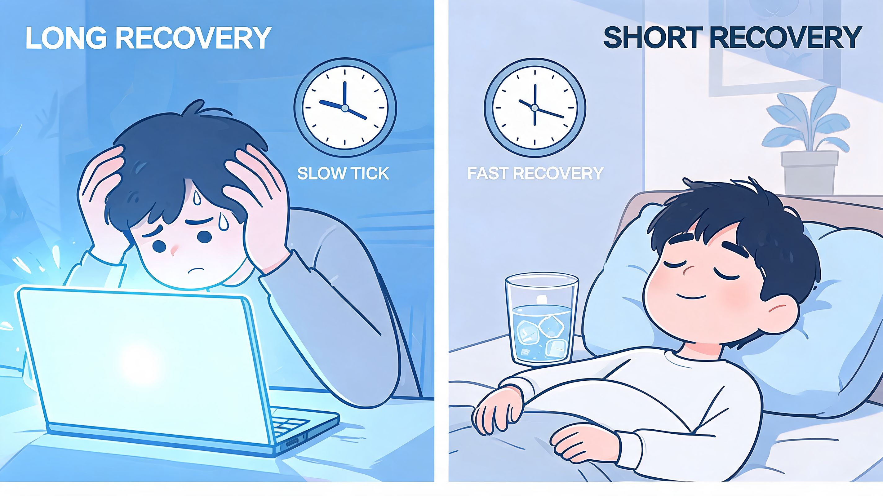 A split image comparing a stressed person working on a laptop against a person sleeping peacefully.