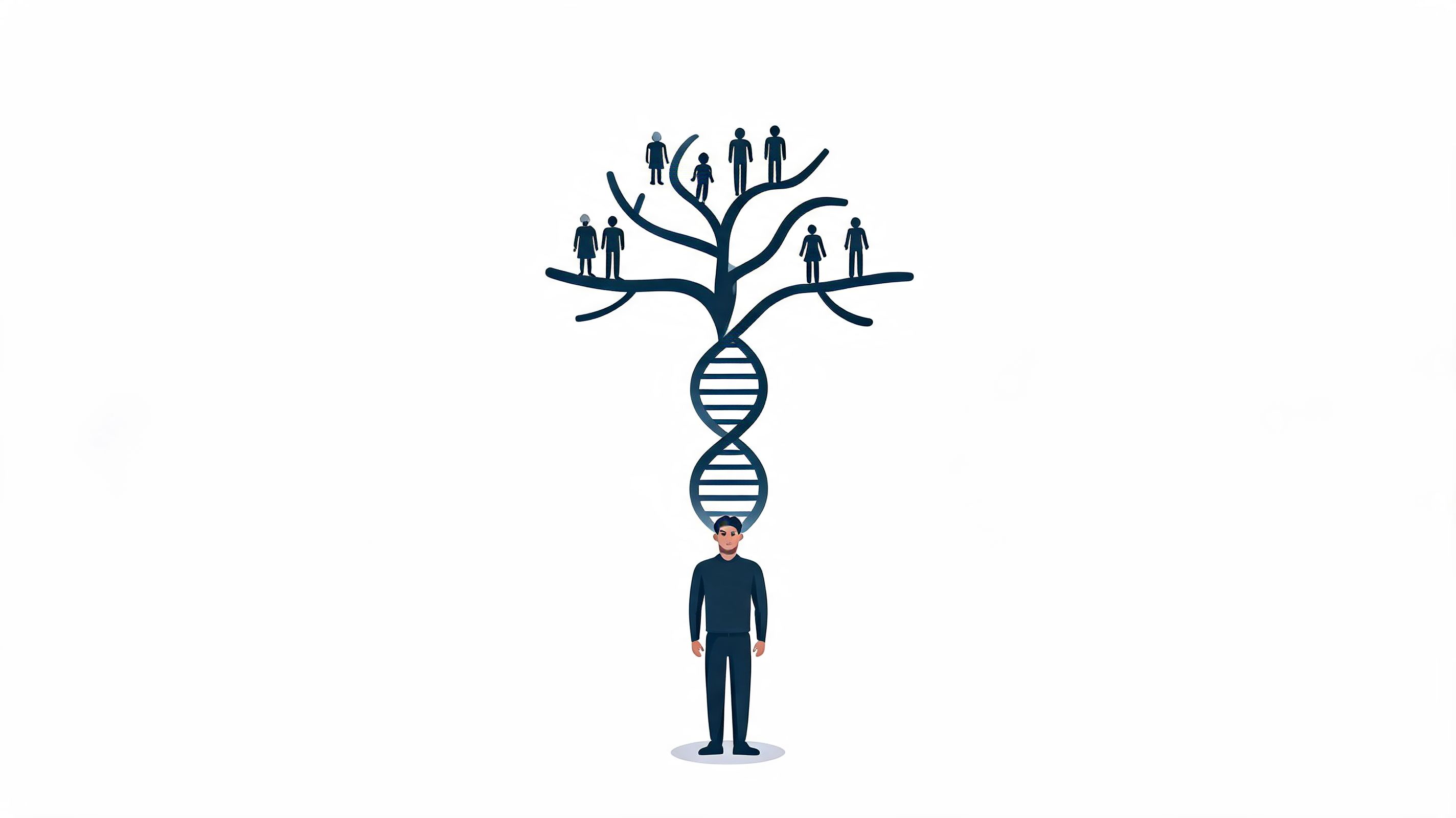 An illustration of a man connected to a DNA helix branching into a tree with human silhouettes.