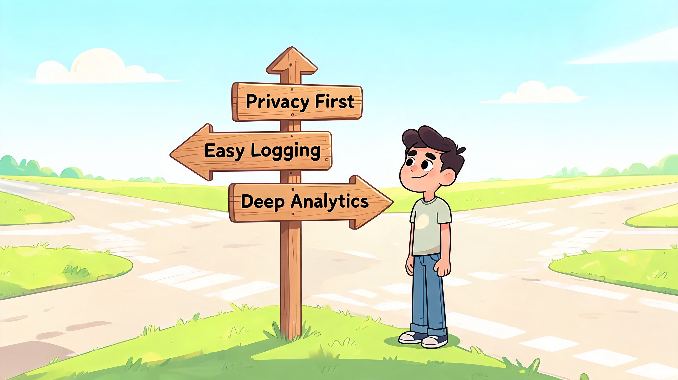 A cartoon boy standing at a wooden signpost with directions pointing to privacy, logging, and analytics.