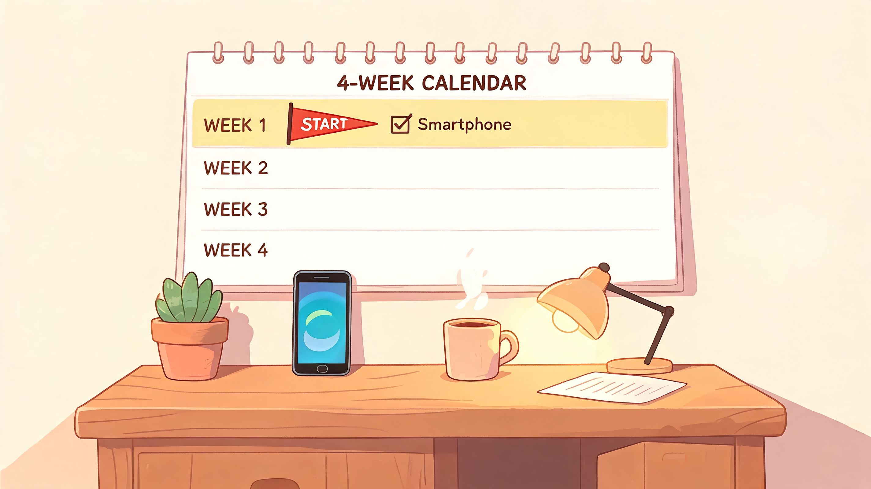 A cozy desk with a four-week calendar highlighting a smartphone for migraine tracking on week one.