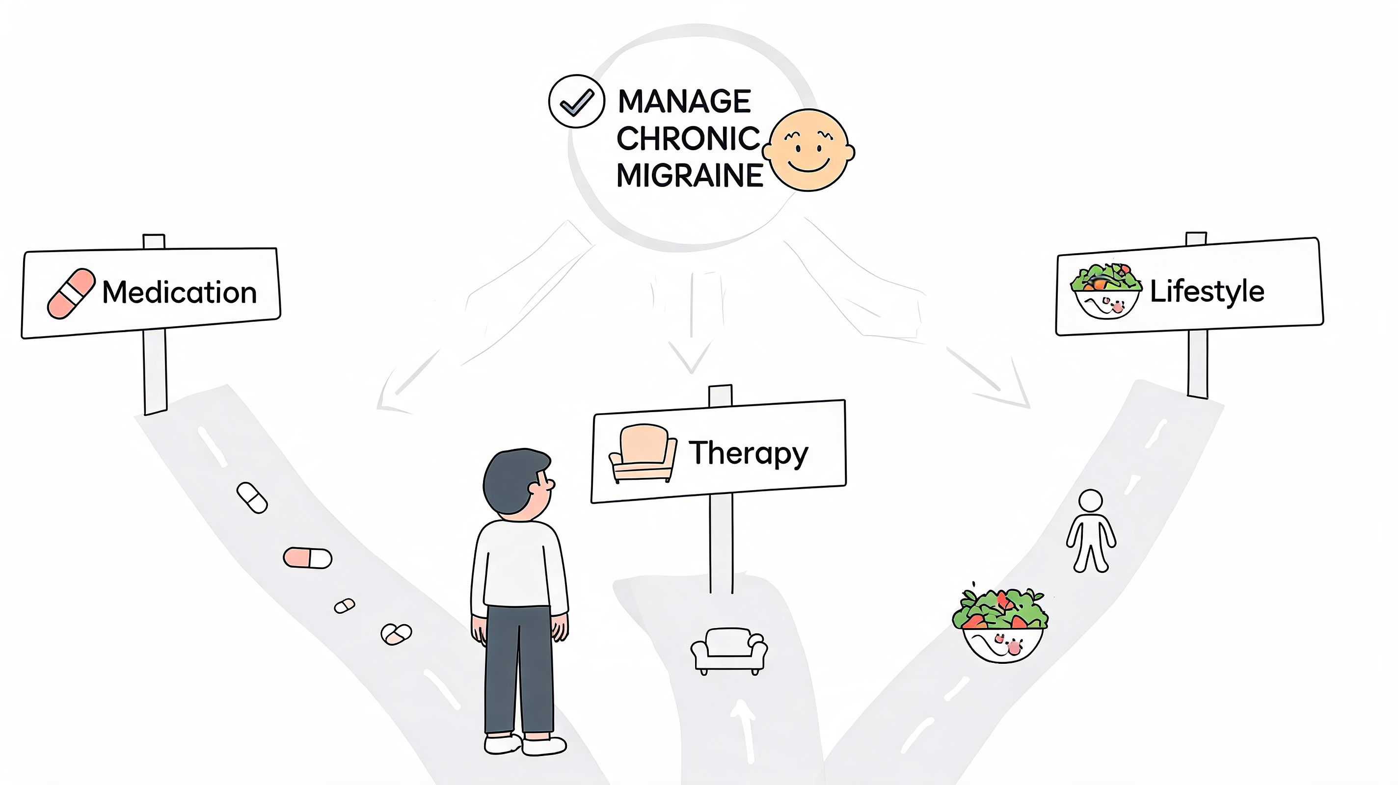 A person standing at a junction choosing between medication, therapy, and lifestyle to manage chronic migraine.