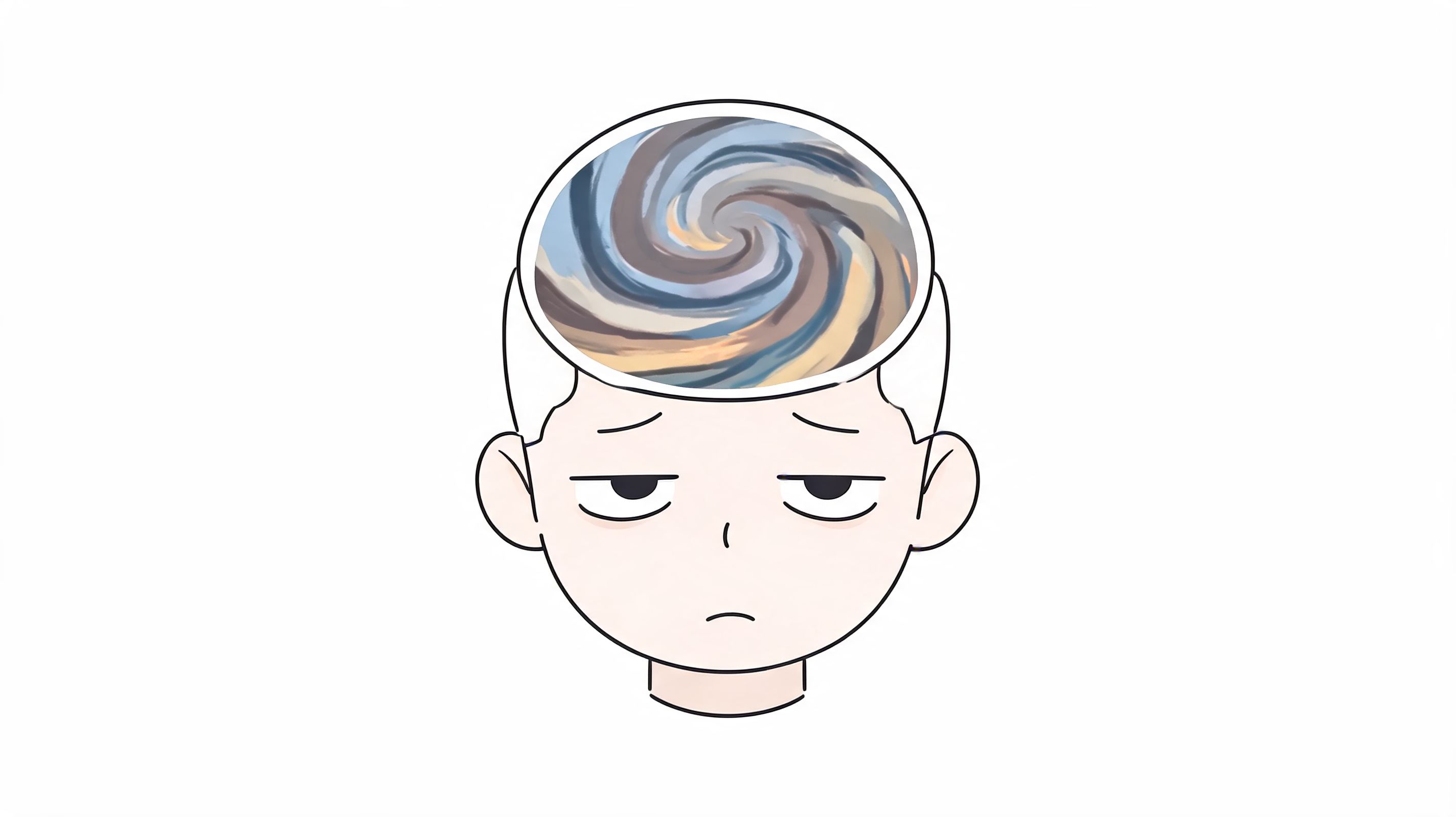 An illustration of a person with a tired expression and a swirling storm inside their brain.
