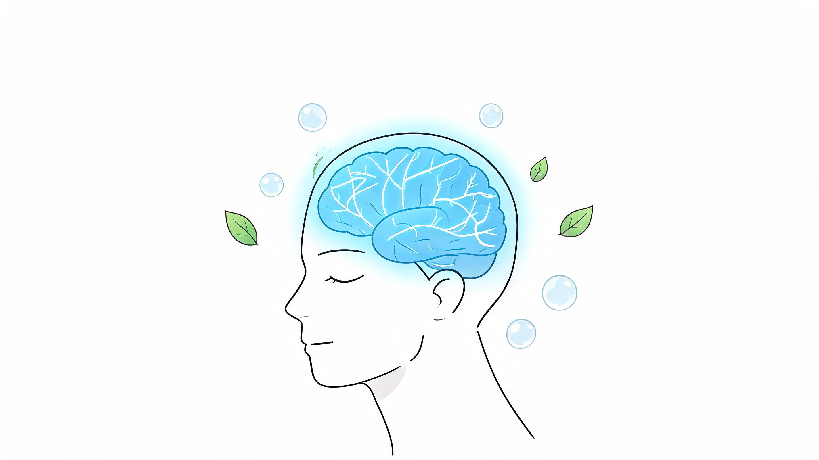 A peaceful illustration of a person's profile with a glowing blue brain, bubbles, and green leaves.