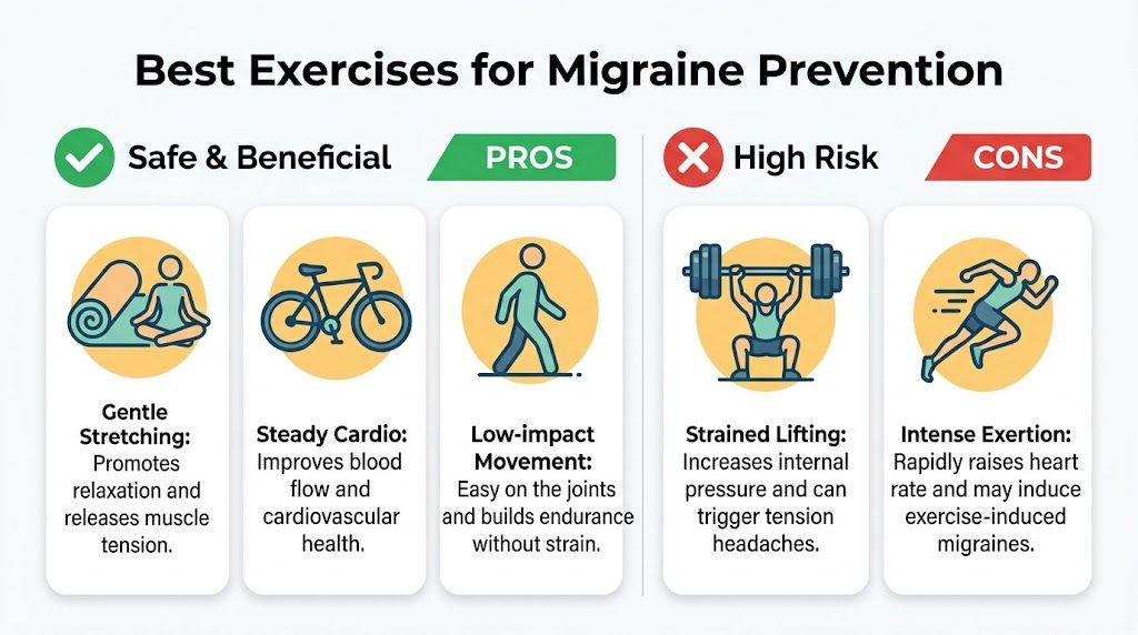 An infographic showing recommended exercises for migraine prevention versus high-risk activities that might trigger headaches.