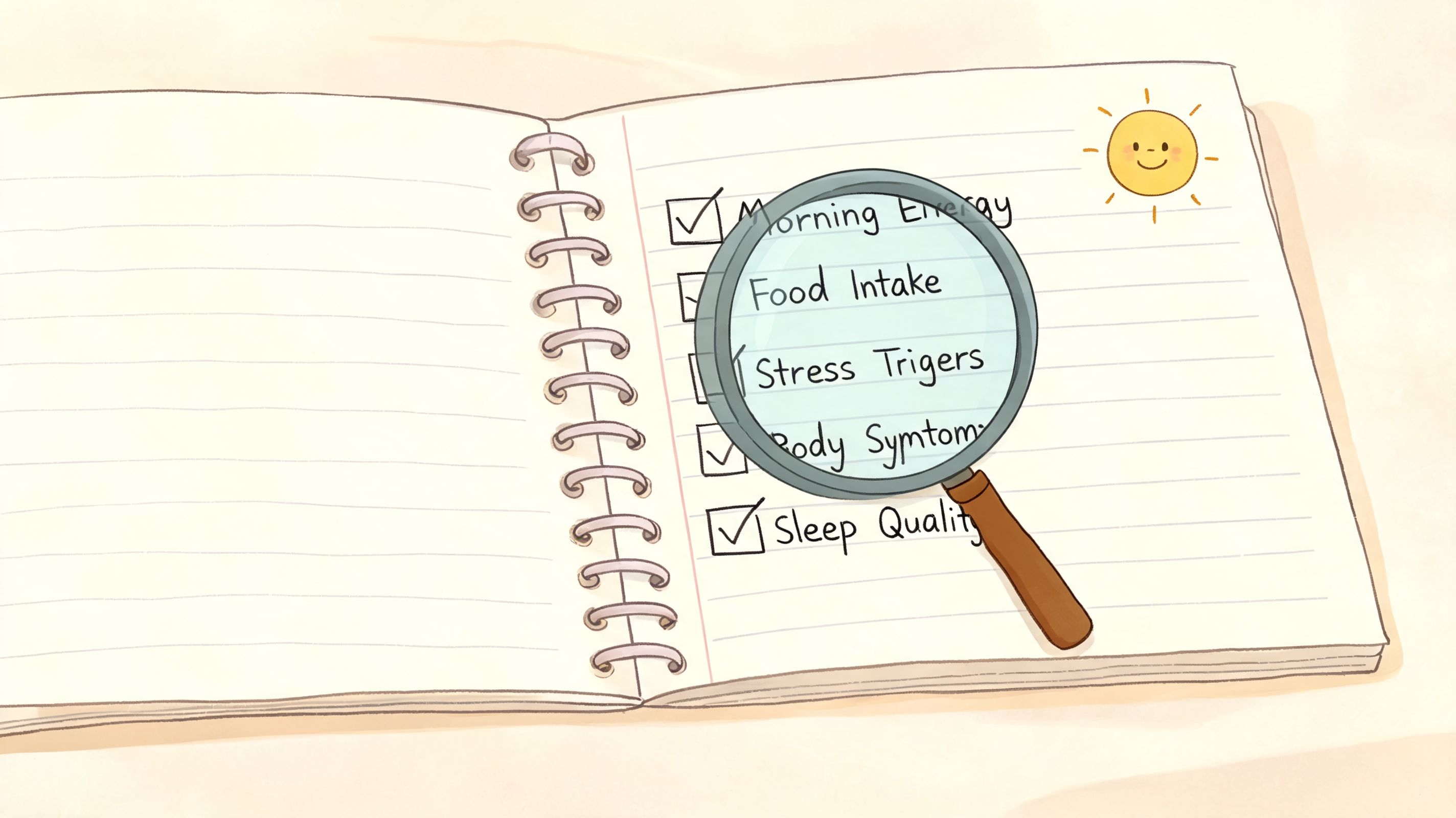 A magnifying glass inspecting a checklist in a notebook containing health trackers like stress and sleep quality.