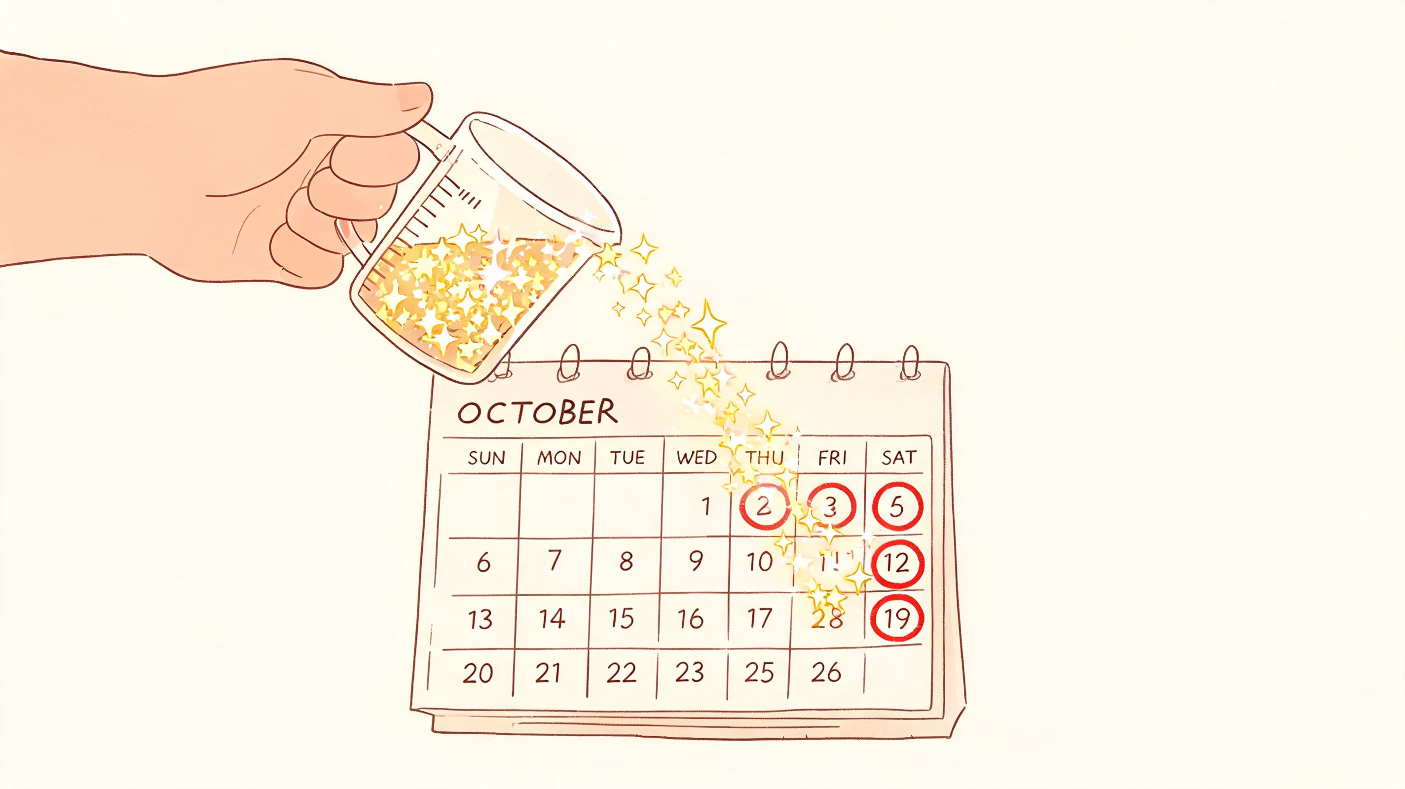 A hand pouring glitter from a measuring cup onto specific dates marked on an October calendar.