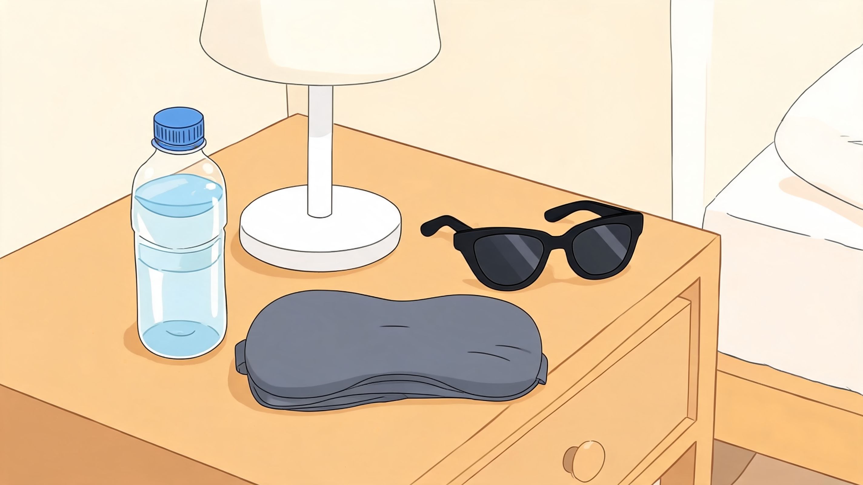 A bedside table featuring a water bottle, a lamp, black sunglasses, and a gray sleep mask.
