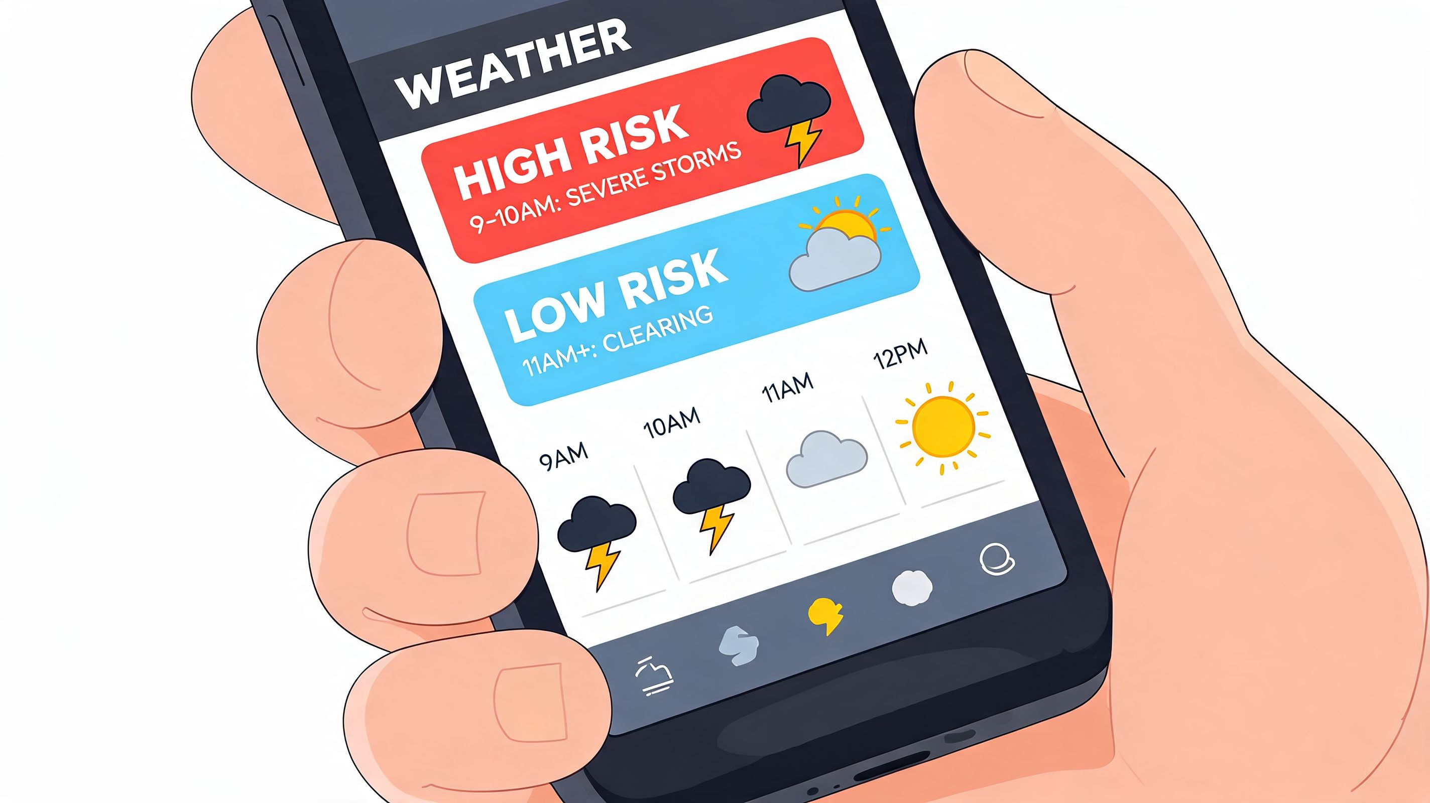 A hand holding a smartphone displaying a weather app showing high and low risk storm forecasts.