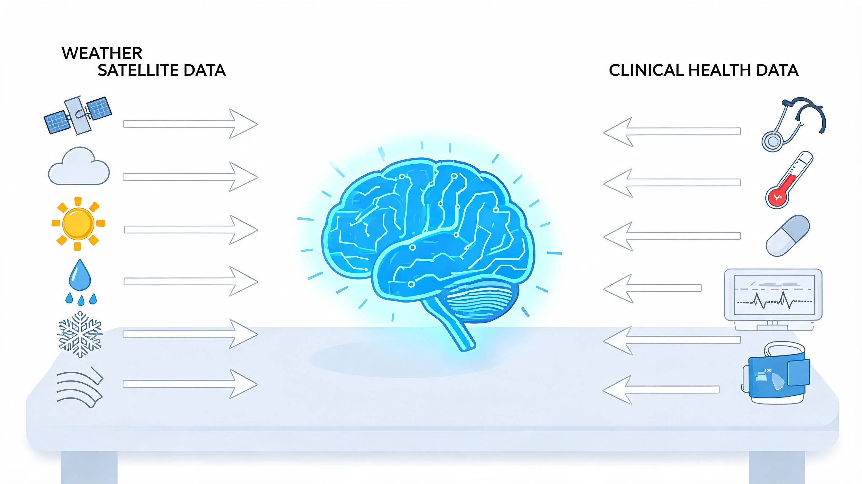 A digital brain illustration showing the integration of weather satellite data and clinical health data sources.